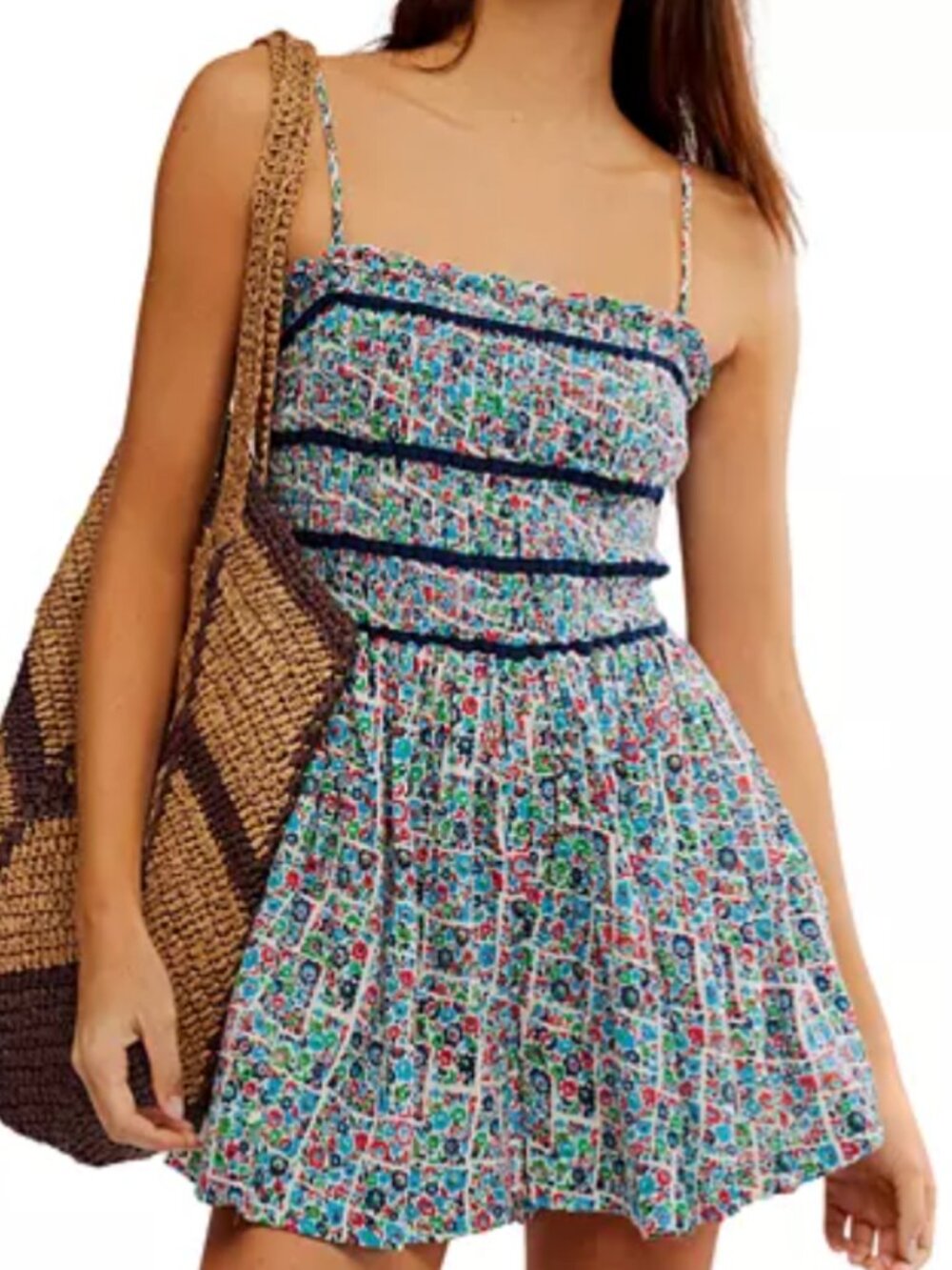 NWT Free People Bali Checked Out Printed Romper XS Gardenia Combo Strapless Smoc